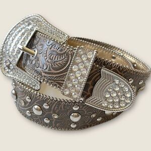 KATHY Van Zeeland Studded Belt Y2K Glam Cowgirl Western Rhinestones Leather S